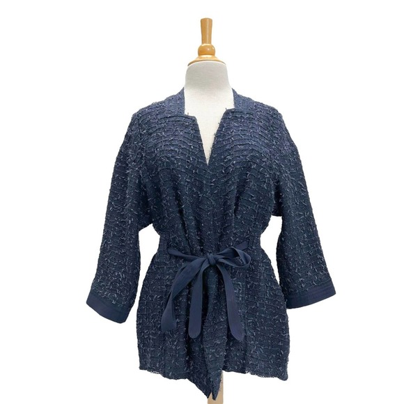 Carlisle Collection Navy Blue Boucle Tweed Belted Blazer Jacket Womens 12